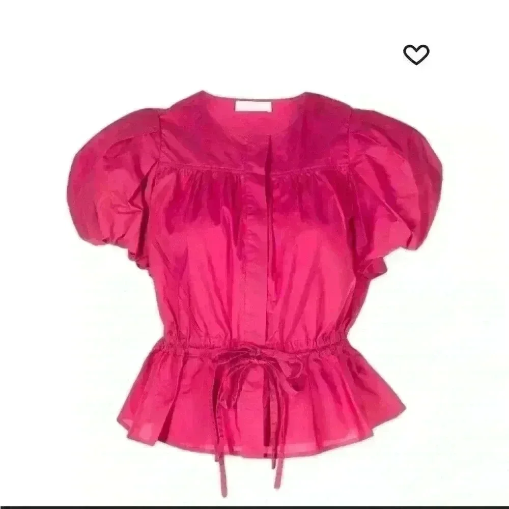 Ulla Johnson Peplum Hem Tie Magenta Puff Sleeves Cotton Blouse Size 00/0/2.